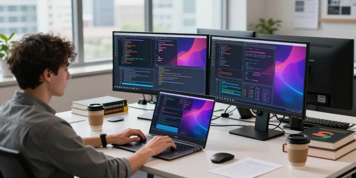 快连 software developer coding in a modern tech workspace with dual monitors and coffee.