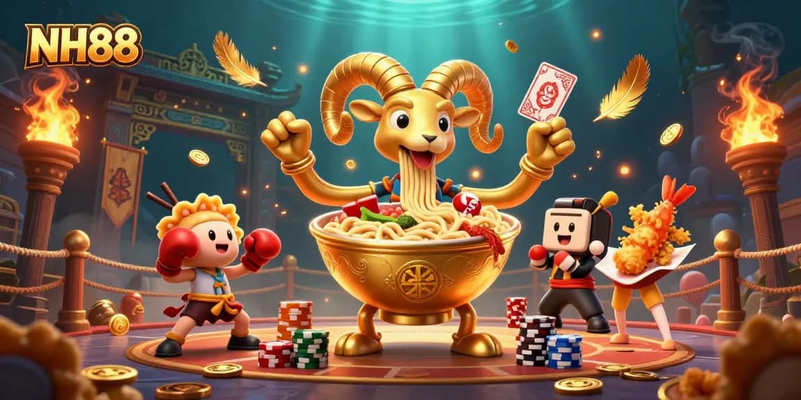Engage with NH88's thrilling 3D casino scene featuring animated characters and vibrant game elements.