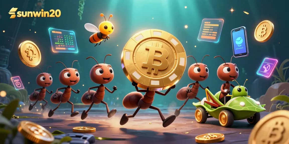 sunwin20 features a whimsical 3D cartoon heist with ants and crypto elements in an underwater scene