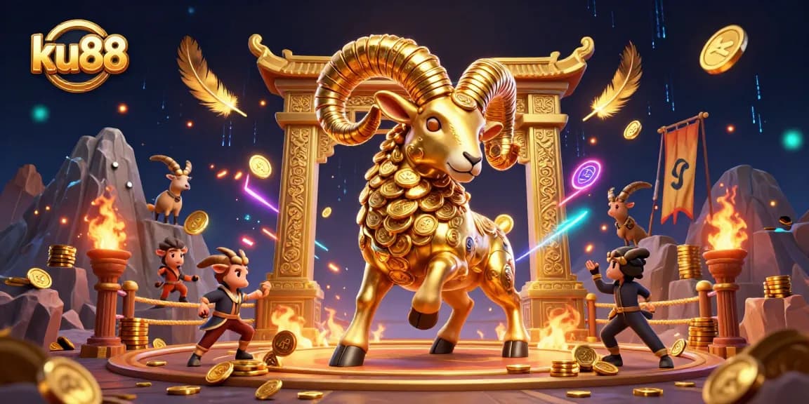 ku88 showcases a vibrant 3D scene featuring a golden ram charging through a dynamic casino-themed fighting arena.