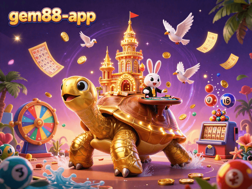 Play with luck on gem88-app featuring a golden tortoise and festive casino elements.
