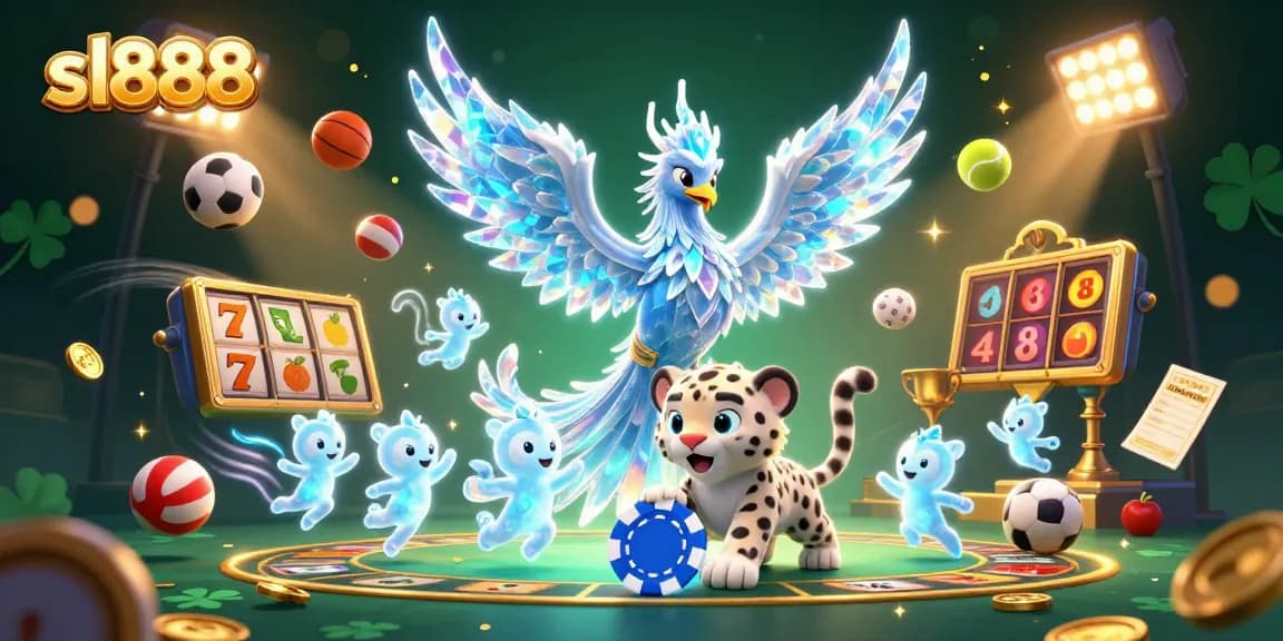 Experience thrilling wins with sl888 as the ice phoenix and snow leopard cub playfully engage in a vibrant casino scene.