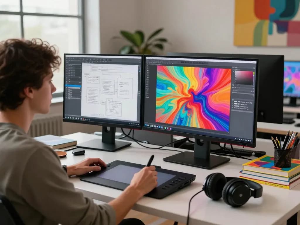 Artist creating AI porn content in a modern digital studio with vibrant imagery.