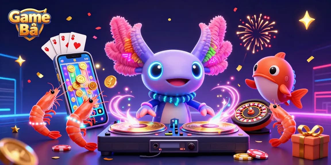 Engage in thrilling Game Bài with vibrant casino elements led by an animated axolotl DJ!