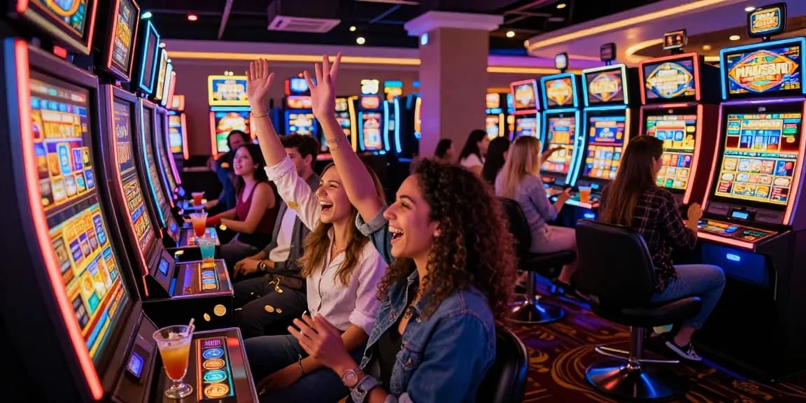 Excited friends celebrating a slot gacor win with coins cascading at a vibrant casino