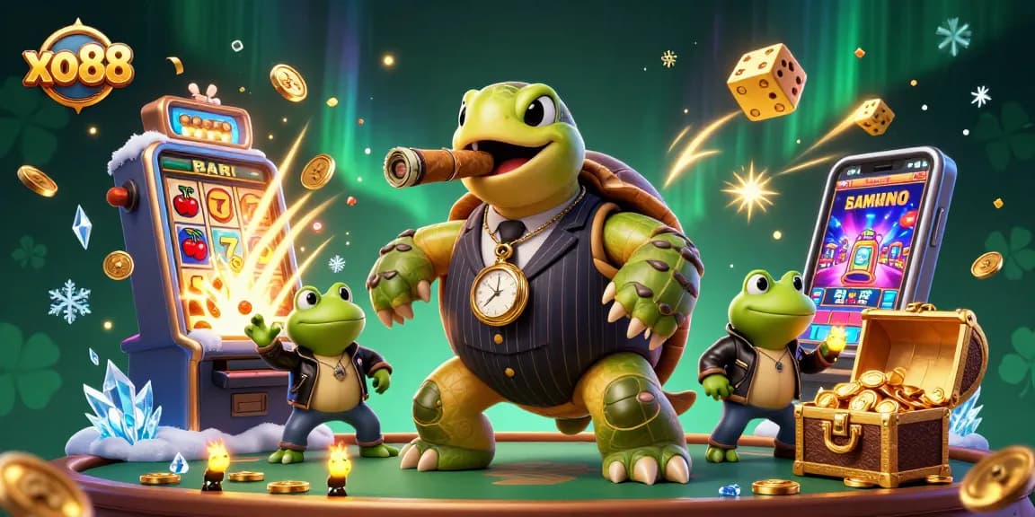 Engage with the vibrant xo88 casino scene showcasing excitement with a slot machine jackpot and lively characters.