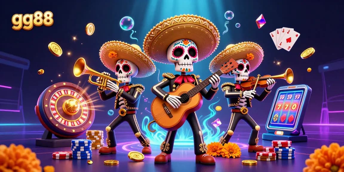 Experience the excitement of gg88 with a vibrant scene featuring a mariachi band, coins, and casino elements.