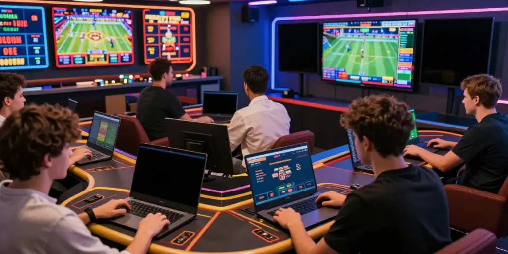Players using https://fabet.com.mx/ on various devices in a vibrant gaming lounge.