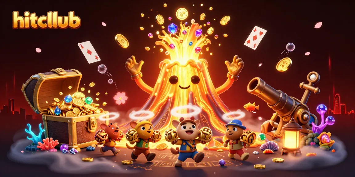 Win big at hitcllub with animated treasure volcano erupting coins from underwater themed gambling scene.
