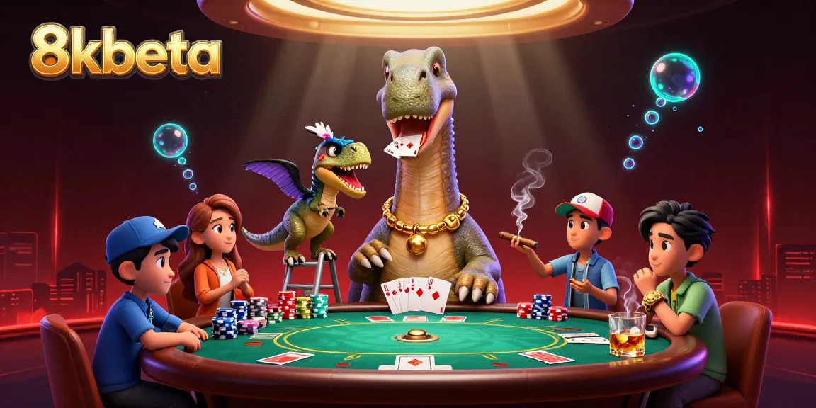 Experience thrilling moments at 8kbeta with a massive brontosaurus overseeing an intense poker game atmosphere.