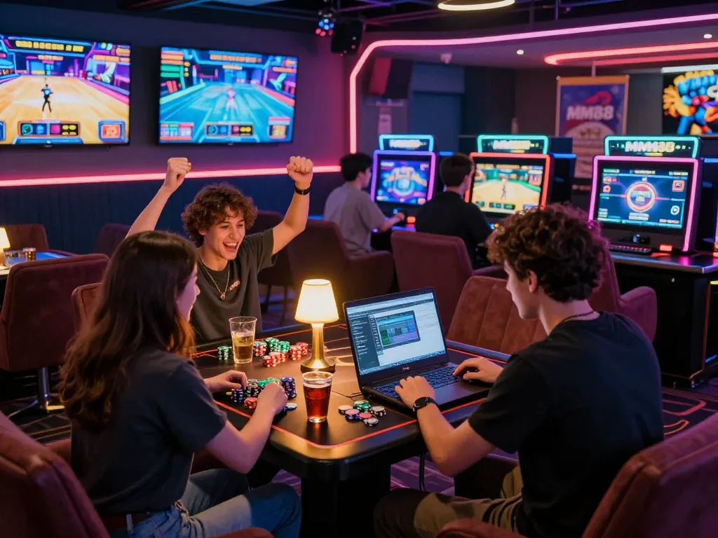 MM88 online betting players enjoying an exciting gaming experience in a vibrant lounge setting with LED lights.