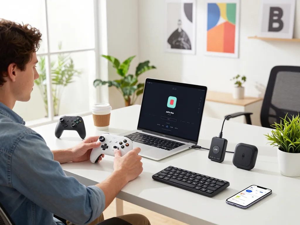 Explore affordable tech gadgets like the 8BitDo Ultimate 2 controller and Tile Mate in a modern home office setup.