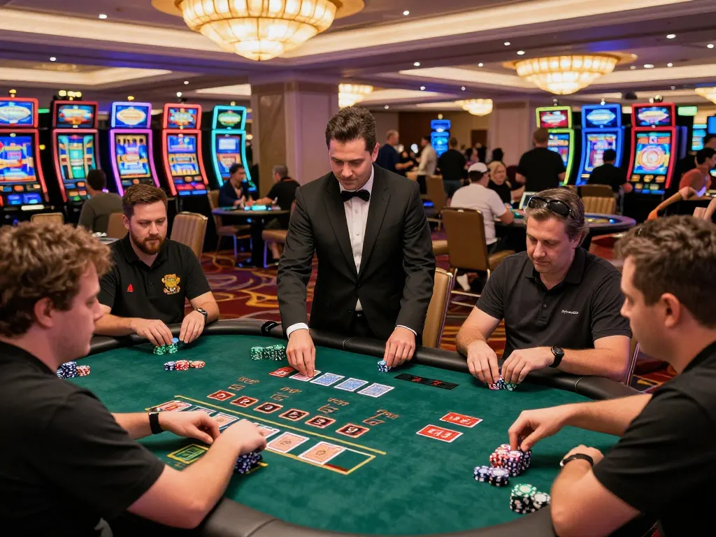 Permainan blackjack yang menarik di lantai kasino mewah menyoroti rokok88 rtp dengan pemain yang memasang taruhan strategis
