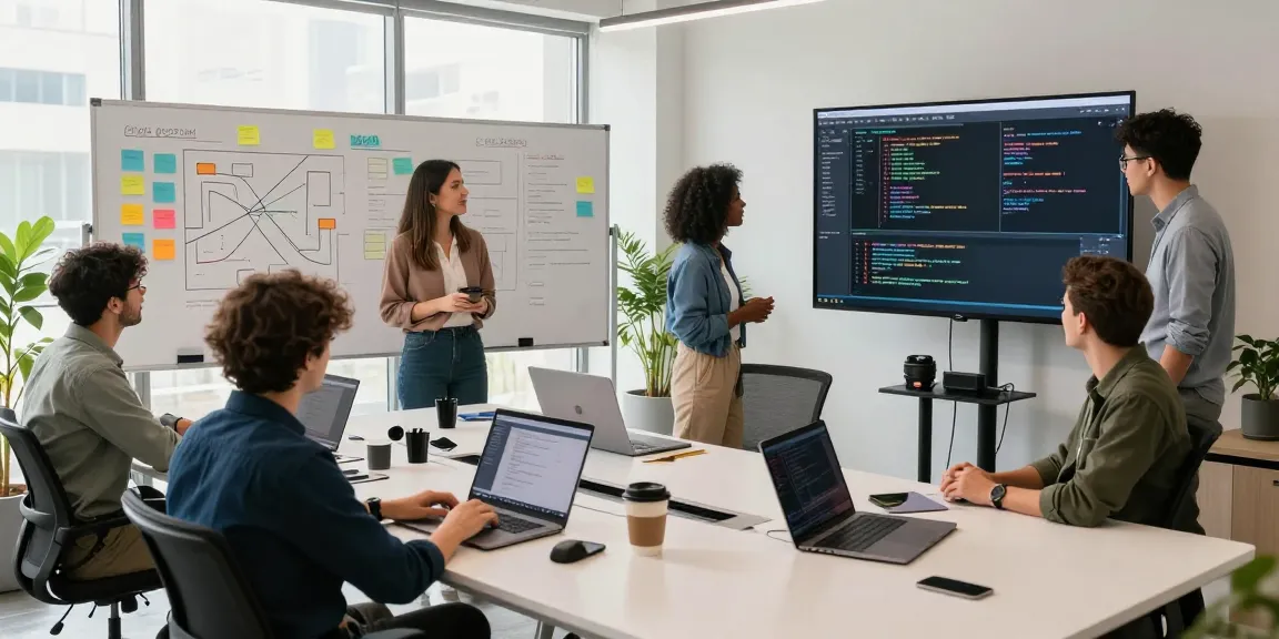 A diverse software development team collaborating in a bright workspace, showcasing the WPS Official Website and innovative coding practices.
