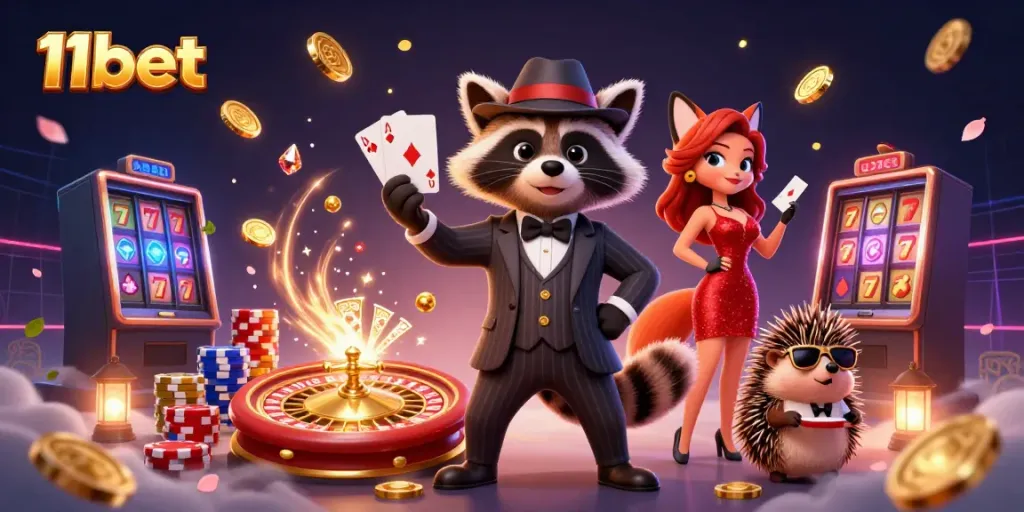 Engage with thrilling games and win big at 11bet, featuring a raccoon and fox in a vibrant casino scene.