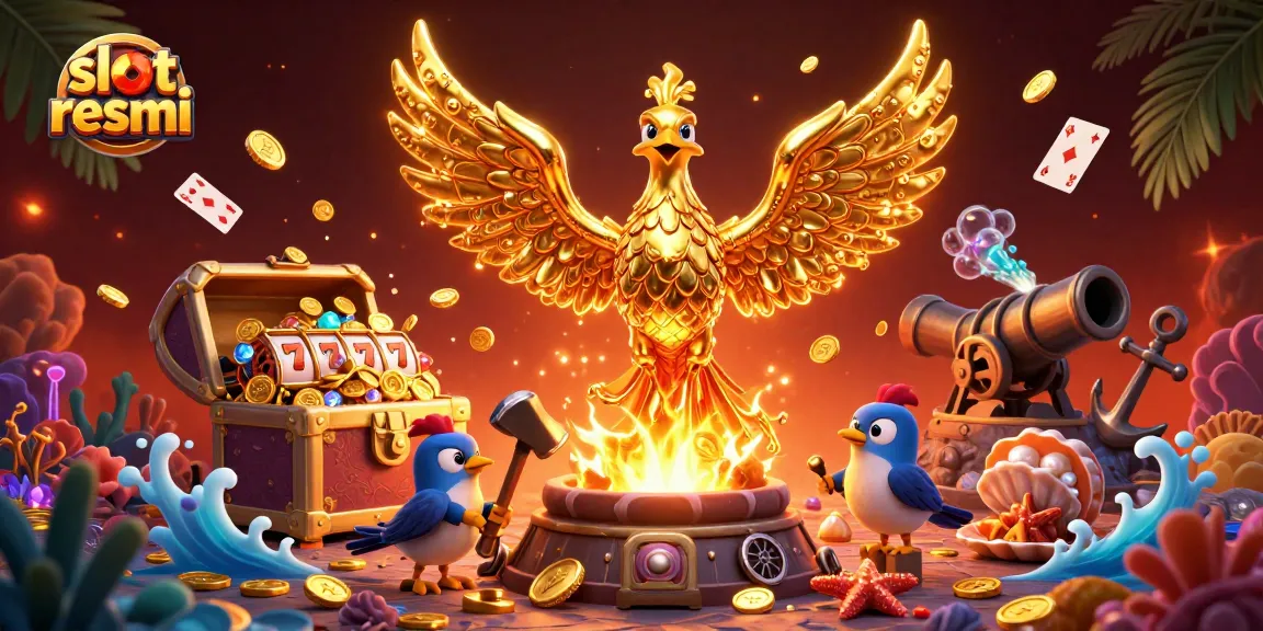 Experience slot resmi gaming with a golden phoenix and jackpot symbols bursting with coins.