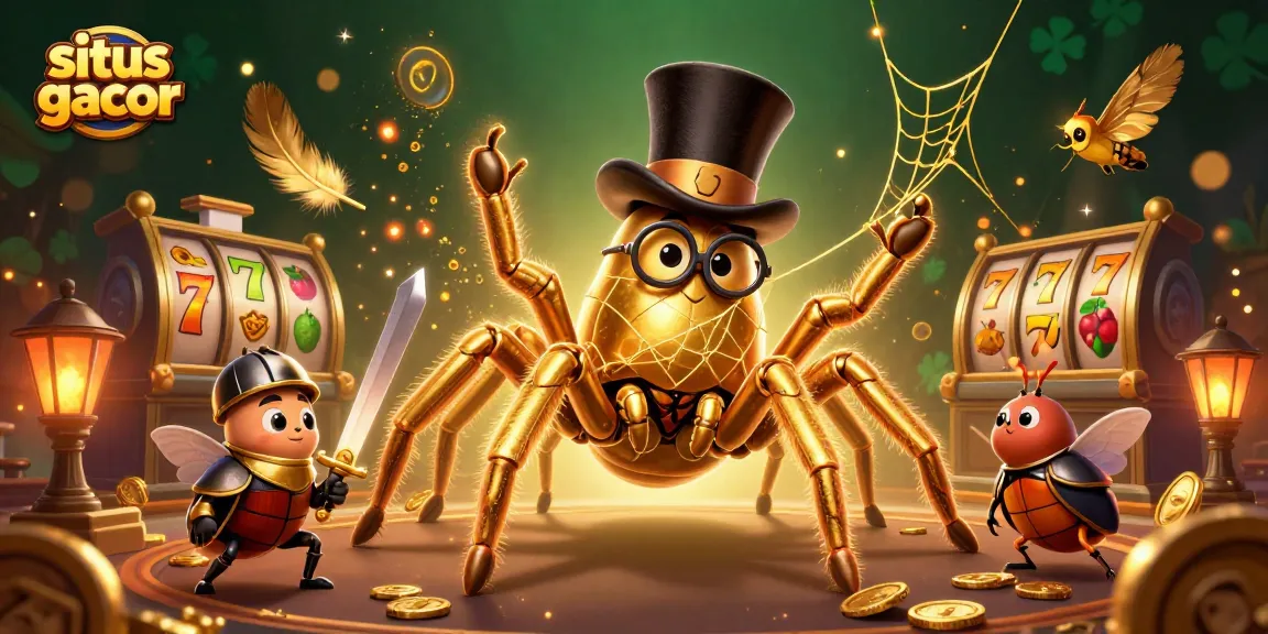 Situs gacor showcases a 3D giant tarantula weaving golden luck among vibrant casino elements.
