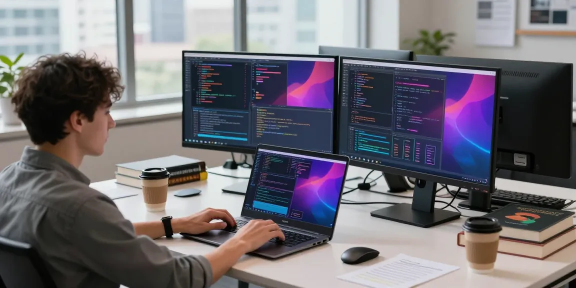 快连 software developer coding in a modern tech workspace with dual monitors and coffee.