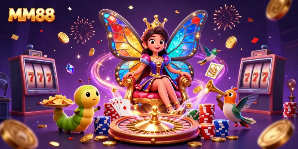 MM88 showcases a vibrant 3D casino scene featuring a butterfly queen amidst golden coins and playful casino elements.