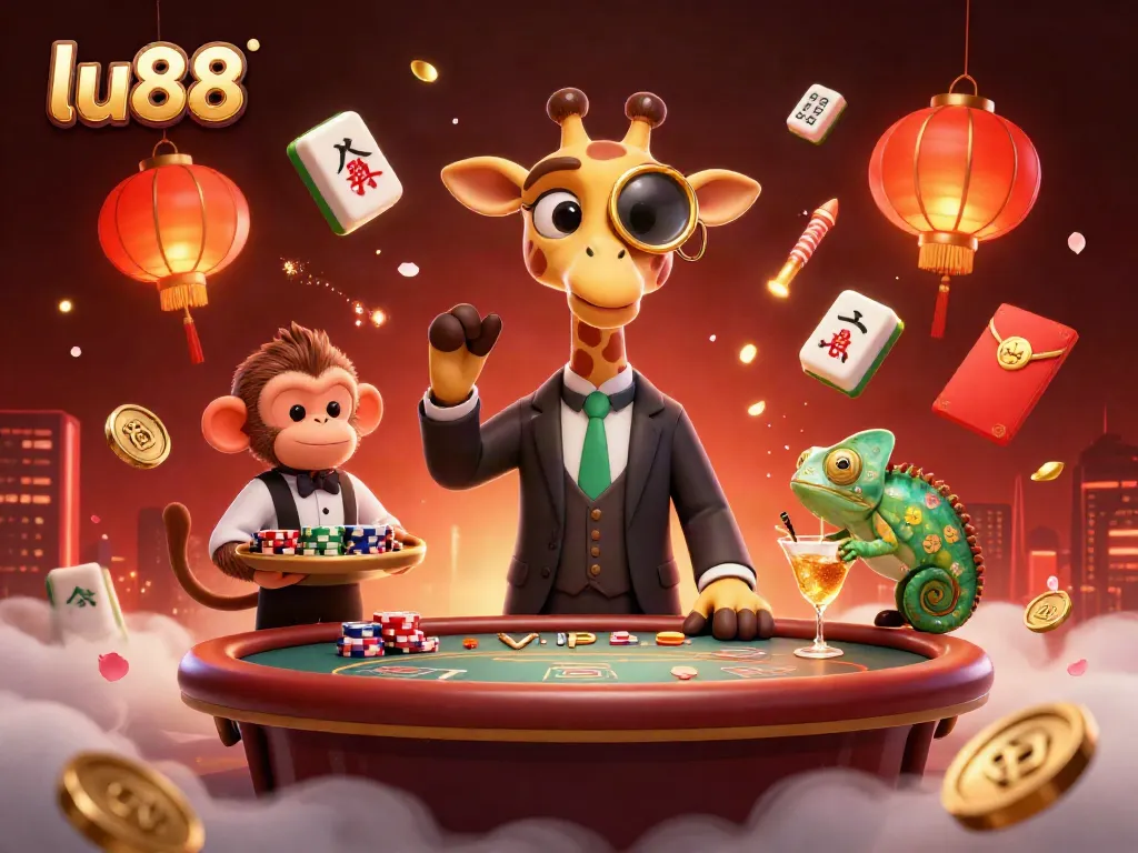 Experience thrilling casino action with lu88 featuring a giraffe, monkey, and chameleon in a vibrant gaming scene.
