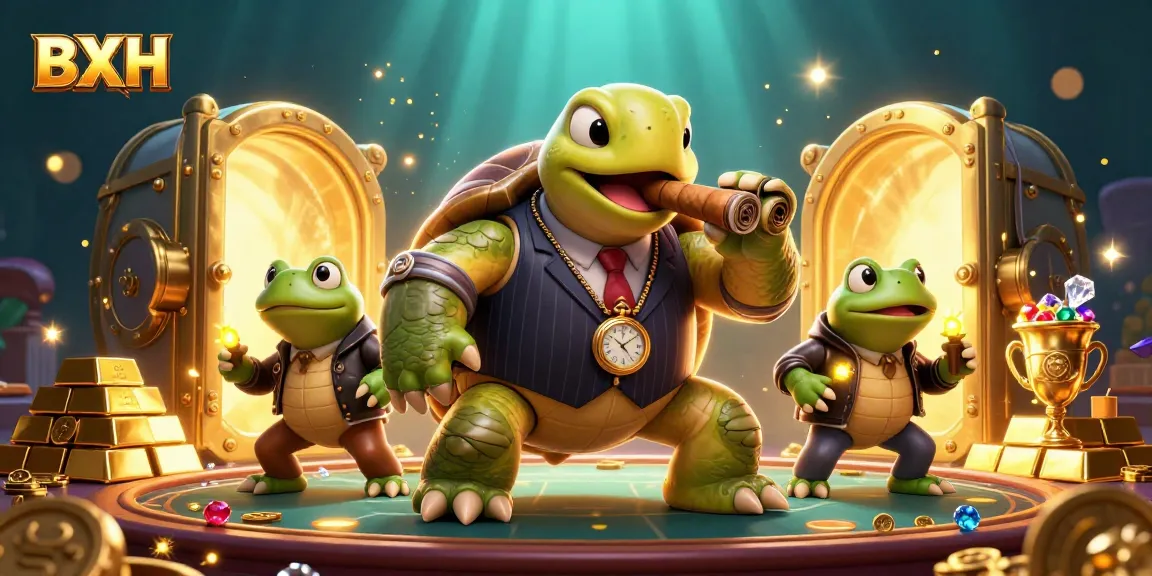 Engage with BXH rankings featuring an impressive snapping turtle mobster and bullfrog enforcers surrounded by casino treasures.