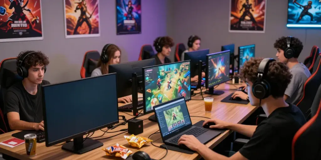 Online gaming community playing rokok88 with engaging graphics and snacks.