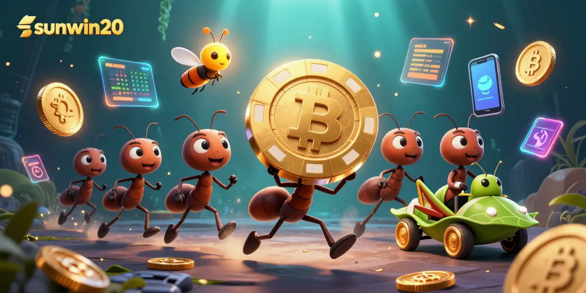 sunwin20 features a whimsical 3D cartoon heist with ants and crypto elements in an underwater scene
