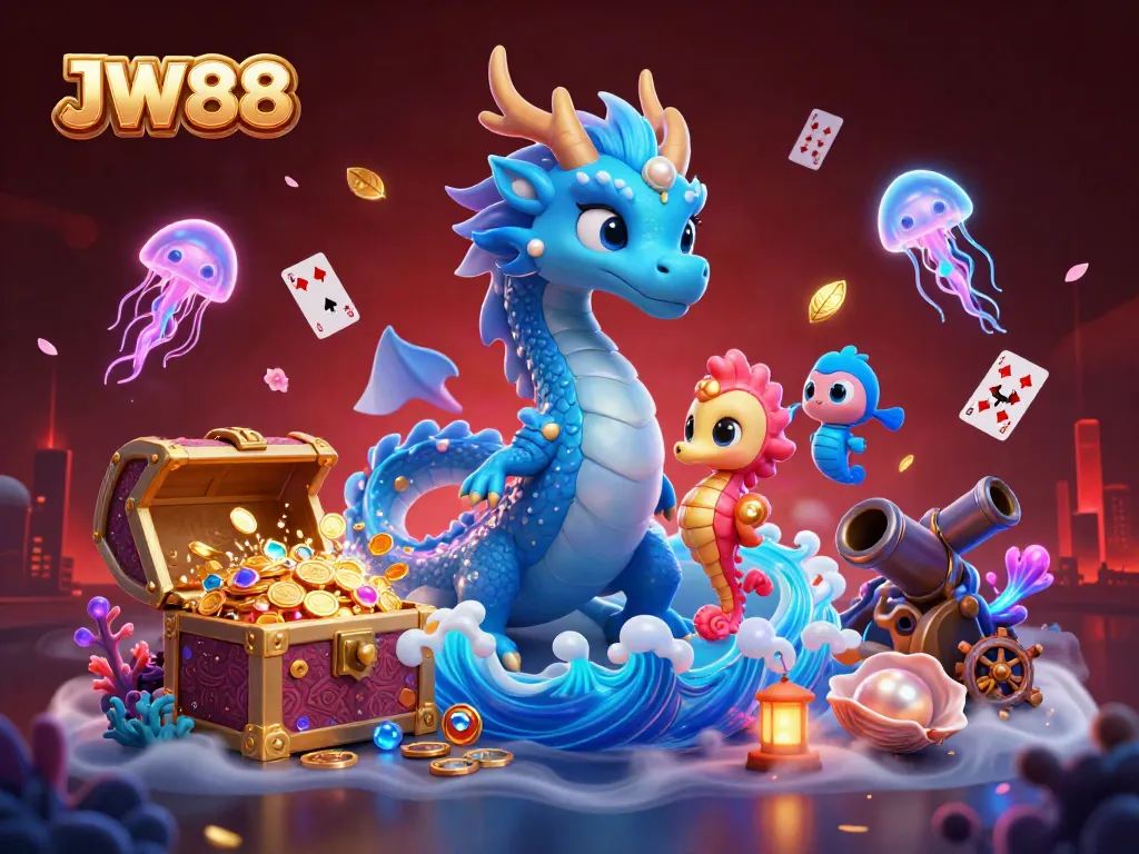 Experience vibrant gameplay with JW88 as a majestic azure dragon and coral knight explore a treasure-filled underwater world.