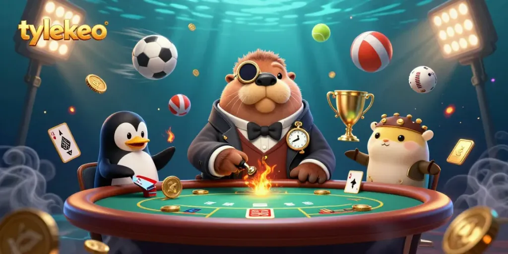 Engage in thrilling sports betting at tylekeo with a jolly walrus, sophisticated penguin, and a bluffing pufferfish.