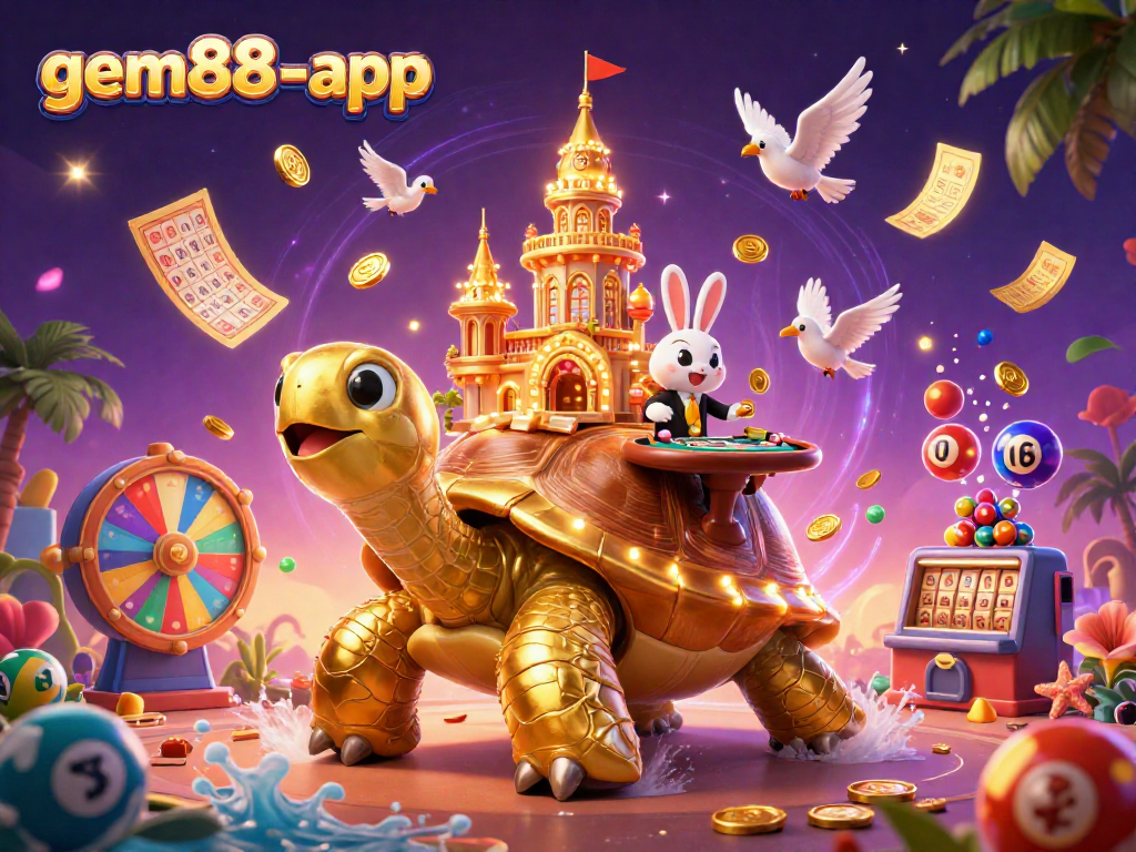 Play with luck on gem88-app featuring a golden tortoise and festive casino elements.
