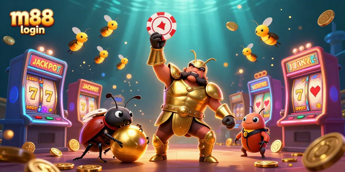Experience m88 login and excitement as a victorious beetle lifts a poker chip in a vibrant casino scene.