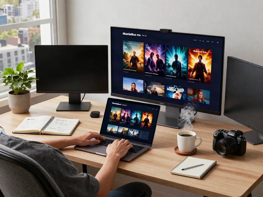 Experience MovieBox Pro for PC on a stylish desk with a laptop and vibrant movie displays, creating a cozy cinematic workspace.