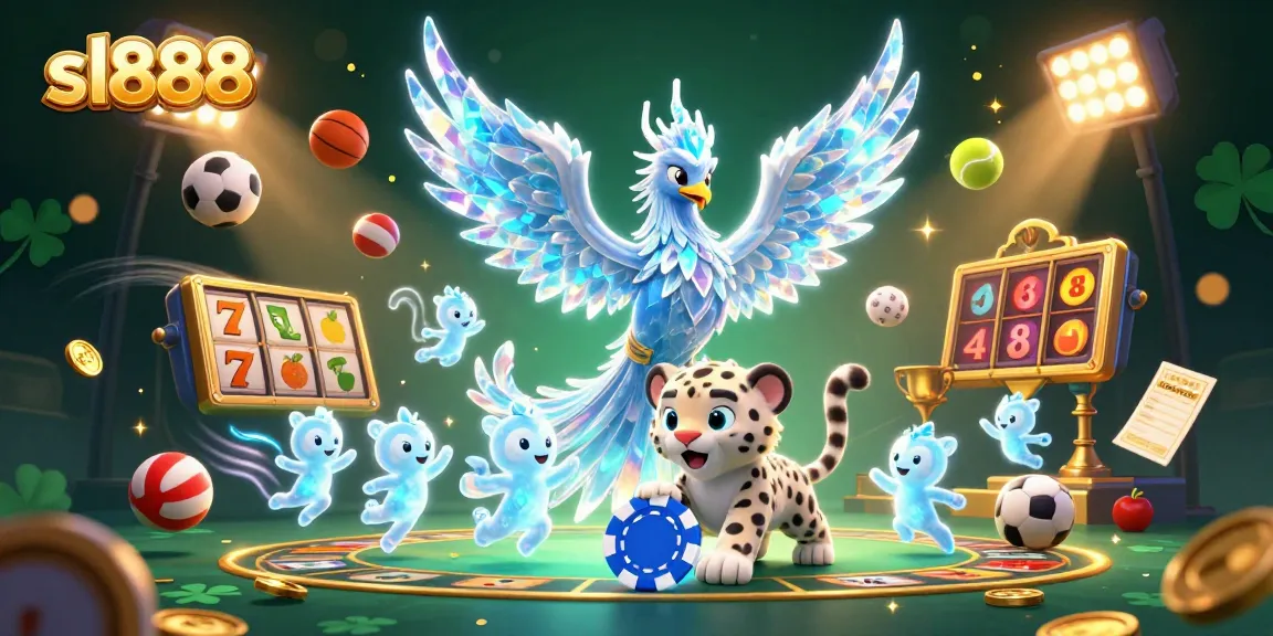 Experience thrilling wins with sl888 as the ice phoenix and snow leopard cub playfully engage in a vibrant casino scene.