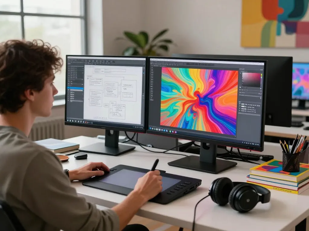 Artist creating AI porn content in a modern digital studio with vibrant imagery.