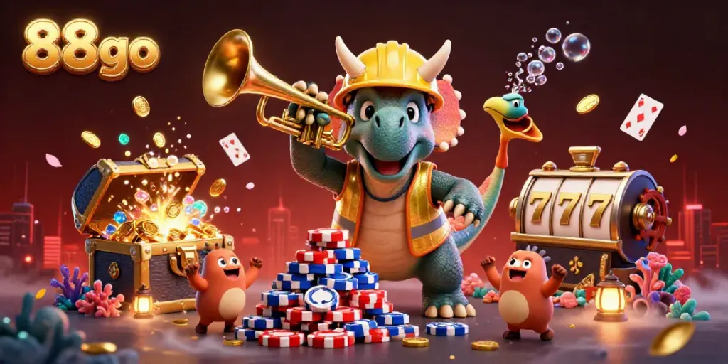 88go Casino Adventure: Cartoon dinosaurs building a pyramid of chips in a vibrant gaming scene filled with excitement.