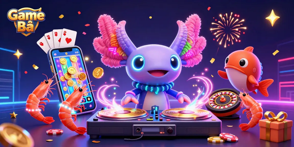 Engage in thrilling Game Bài with vibrant casino elements led by an animated axolotl DJ!