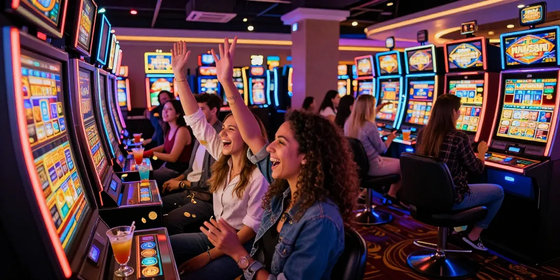 Excited friends celebrating a slot gacor win with coins cascading at a vibrant casino