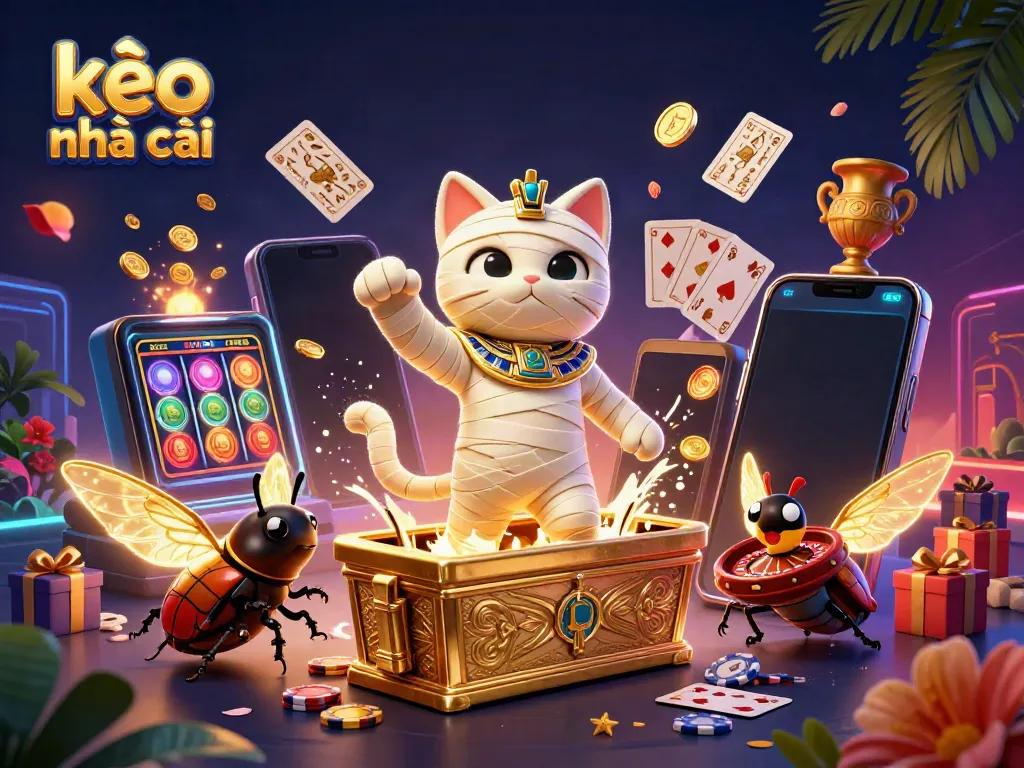 Experience the excitement of kèo nhà cái with an Egyptian mummy cat in a vibrant casino scene, surrounded by glowing scarabs, cards, and dynamic game elements.