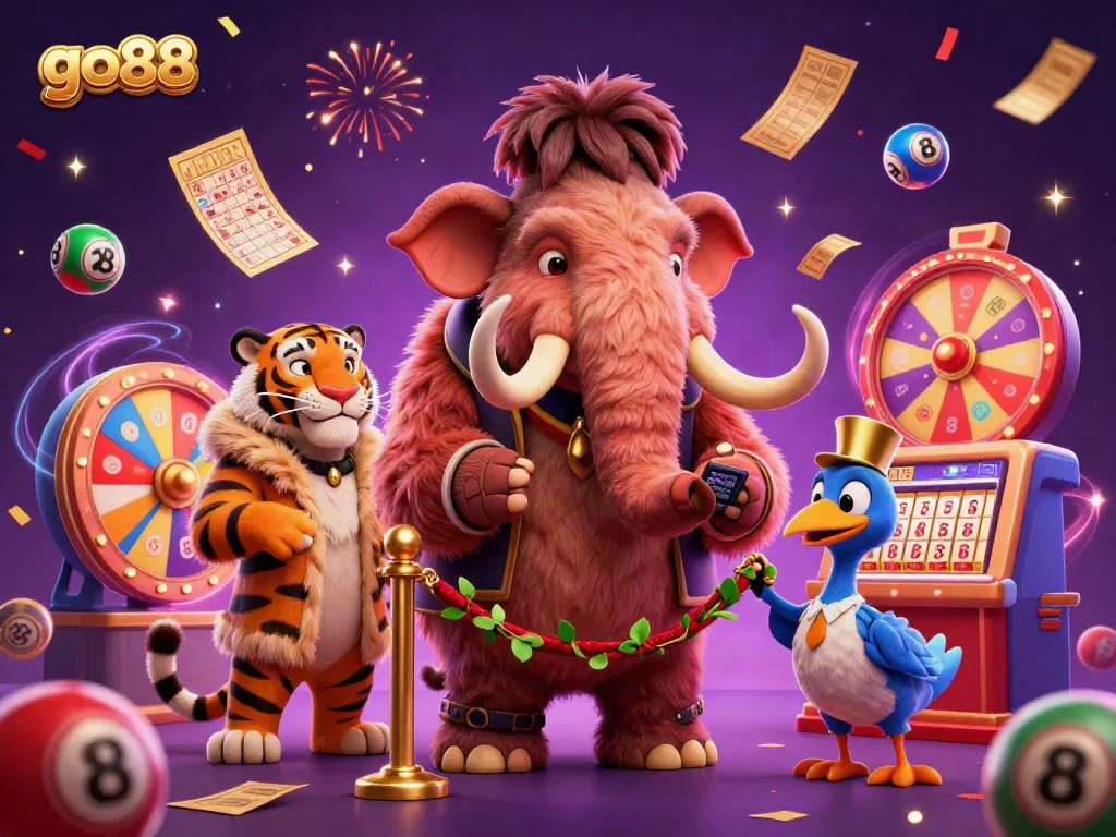 Experience the excitement of go88 with a vibrant 3D scene featuring casino characters and dynamic game elements.