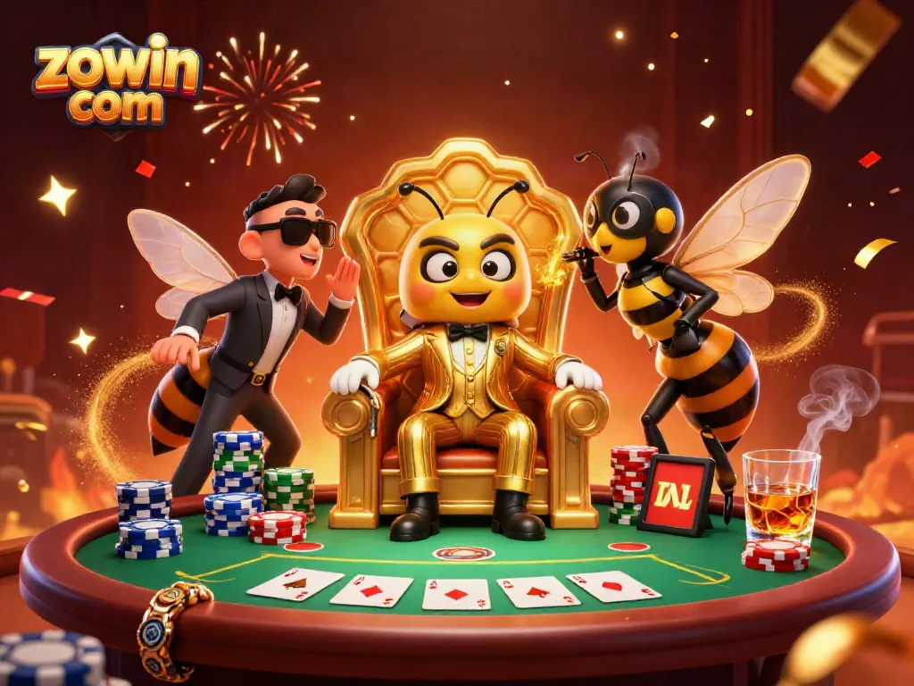 Zowin com offers thrilling gameplay with a bumblebee mob boss and poker elements in the scene.