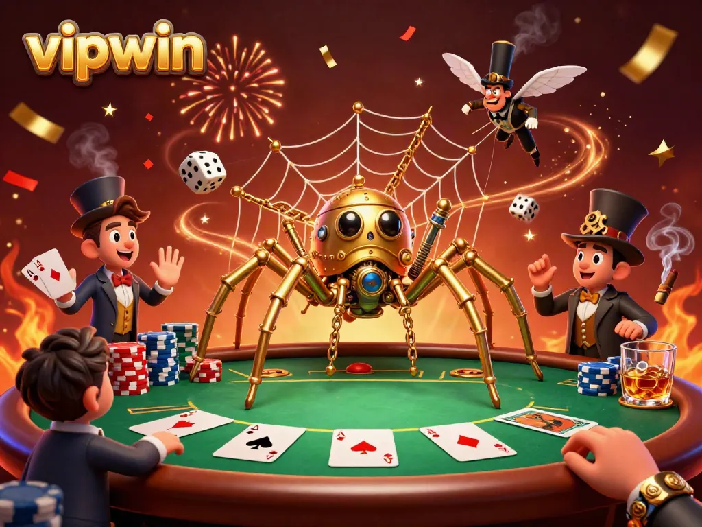 Experience the excitement of vipwin with a golden spider and an amused fly gentleman at a vibrant poker scene.