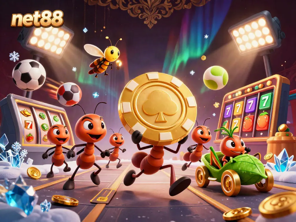 Engage in thrilling gameplay with net88 as ants navigate a dynamic heist scene filled with massive poker chips and vibrant casino elements.