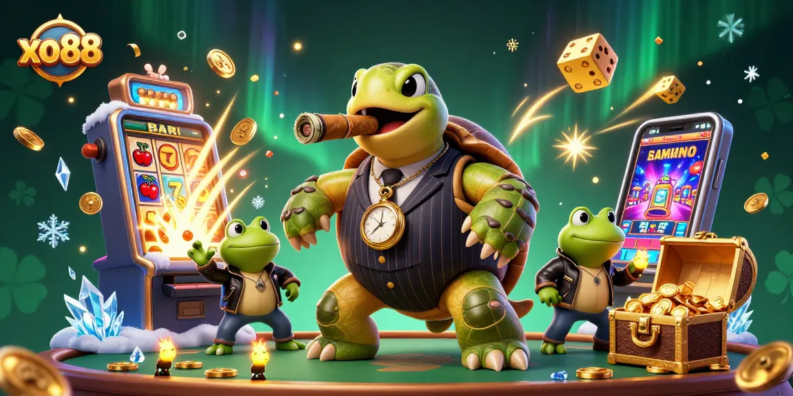 Engage with the vibrant xo88 casino scene showcasing excitement with a slot machine jackpot and lively characters.