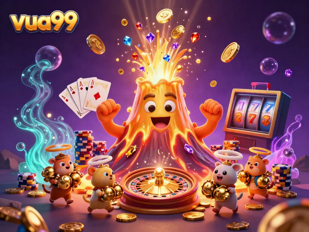 Experience thrilling wins at vua99 with a golden volcano erupting coins, exciting games, and treasure-seeking explorers.