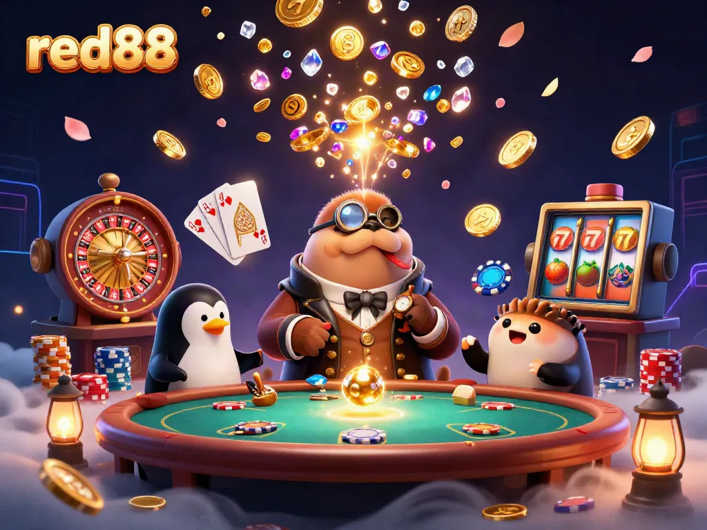 Experience thrilling gameplay at red88 with a jolly walrus, sophisticated penguin dealer, and bluffing pufferfish at an underwater casino table.