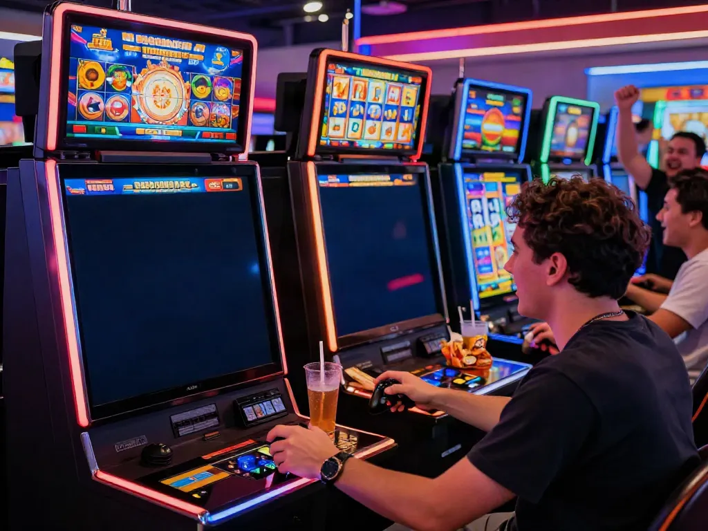 Exciting gaming scene depicting a player engaged with rokok88 slot machine, colorful interface, and friends cheering in a lively environment.