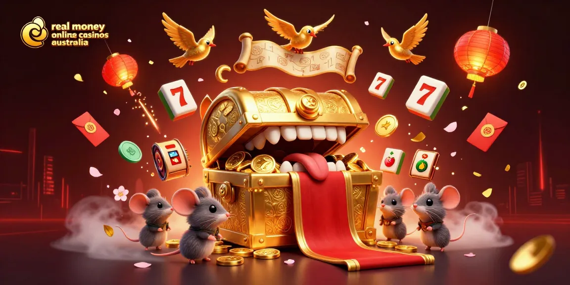 Experience the thrills of real money online casinos Australia with captivating visuals of treasures and casino gameplay elements.
