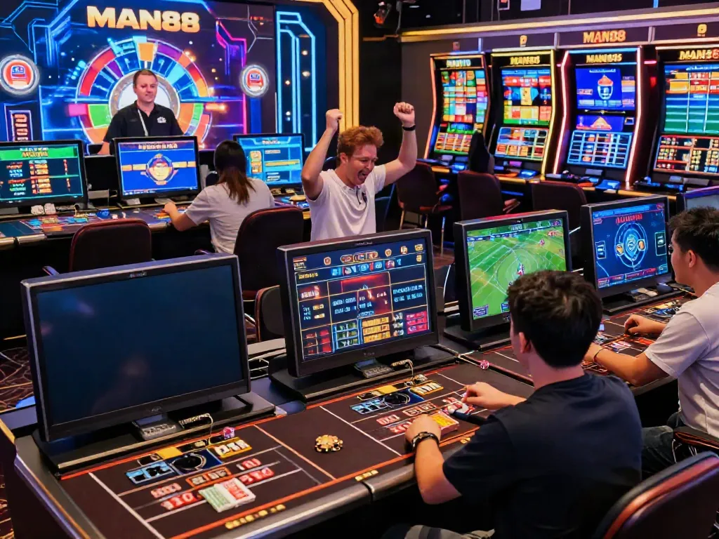 Exciting online gaming experience at MAN88 with players betting on sports and enjoying live casino games.
