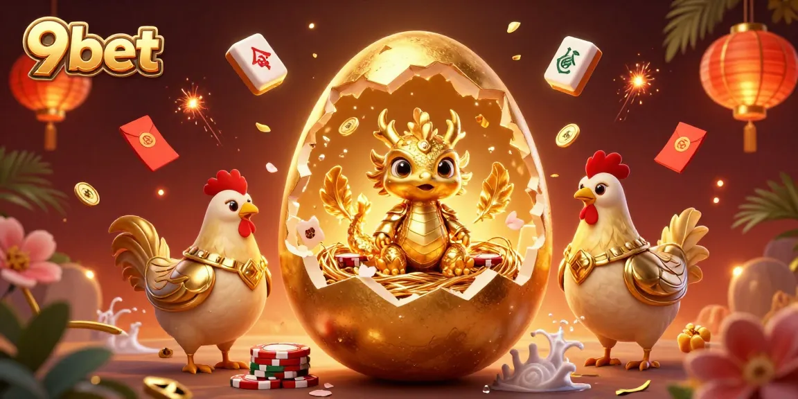 Win big with 9bet in this vibrant 3D illustration showcasing poker chips, a golden dragon, and festive casino elements.