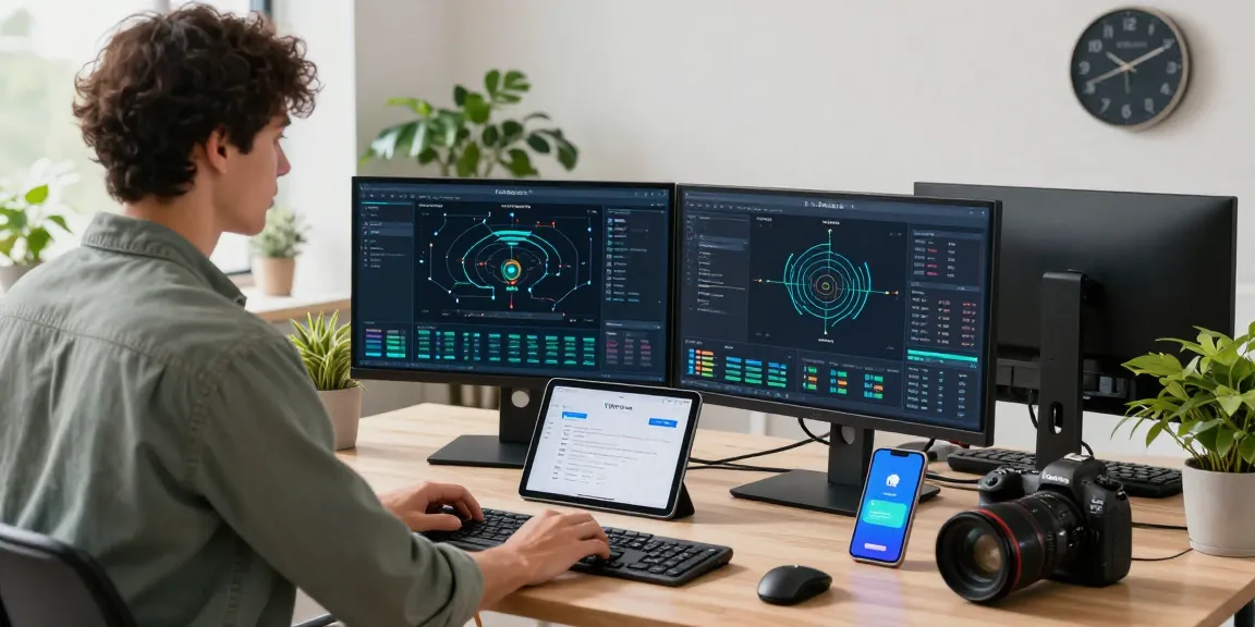 快连 user engaged at high-tech workspace with dual monitors displaying network metrics and seamless connections.